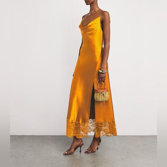 NWOT SELF-PORTRAIT  Burnt Orange Satin-Lace Midi Dress UK8/US4 - Picture 4 of 16